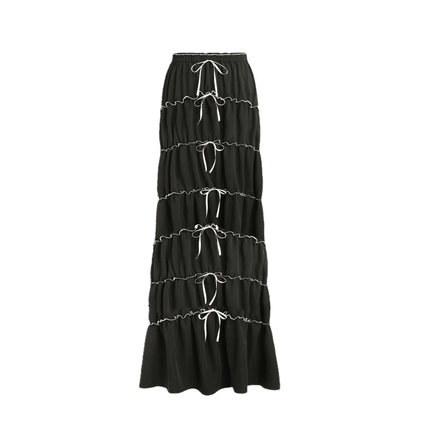 Plus Size Bow-Tiered Maxi Skirt - Textured Crinkle Skirt with Ribbon Details