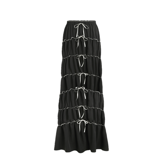 Plus Size Bow-Tiered Maxi Skirt - Textured Crinkle Skirt with Ribbon Details