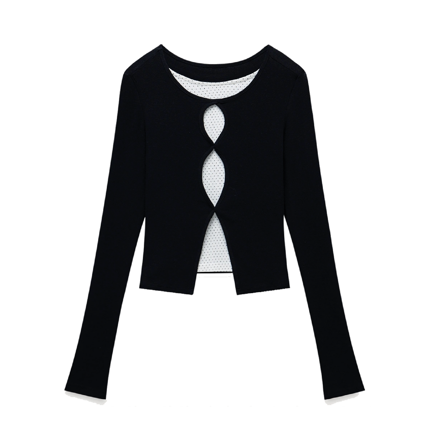 Plus Size Cut-Out Layered Long Sleeve Top - Black Fake Two-Piece Slim Fit Tee