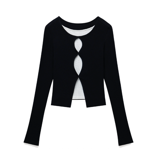 Plus Size Cut-Out Layered Long Sleeve Top - Black Fake Two-Piece Slim Fit Tee