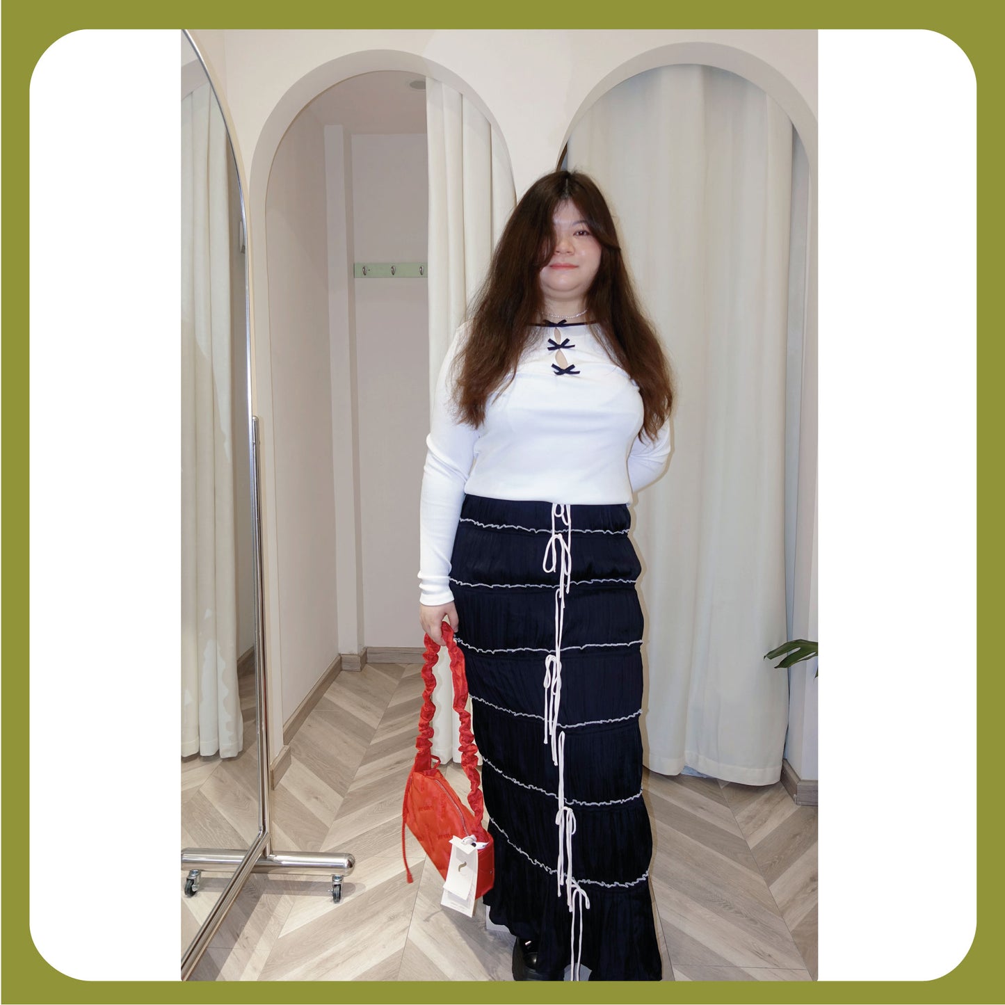 Plus Size Bow-Tiered Maxi Skirt - Textured Crinkle Skirt with Ribbon Details