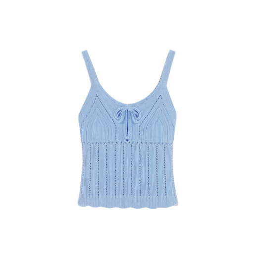 Plus Size Sky Blue Knit Cami Top - Soft Stretch Lace-Up Tank with Textured Details