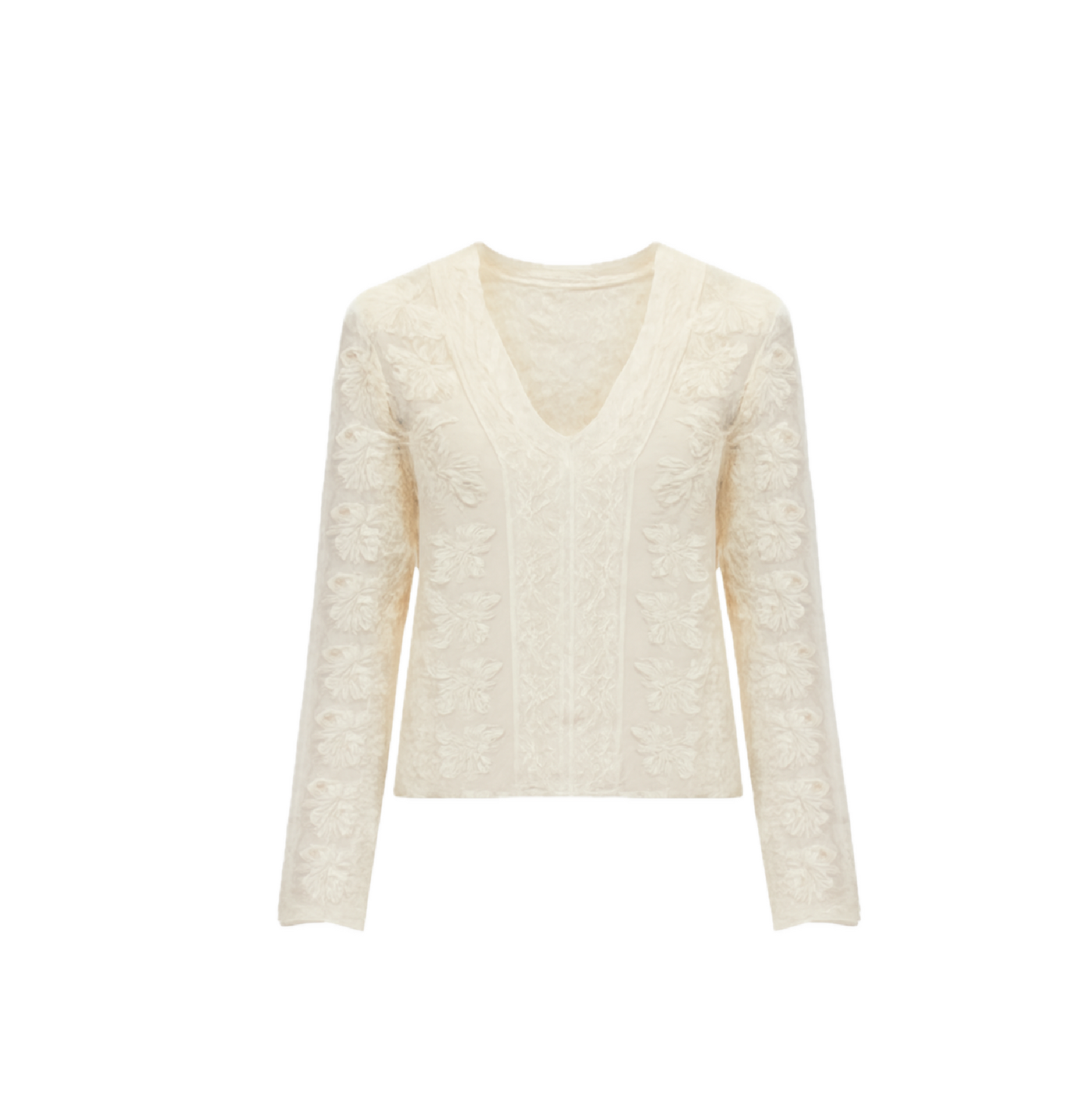 Plus Size White Jacquard V-Neck Knit Top - Elegant Textured Long Sleeve Blouse