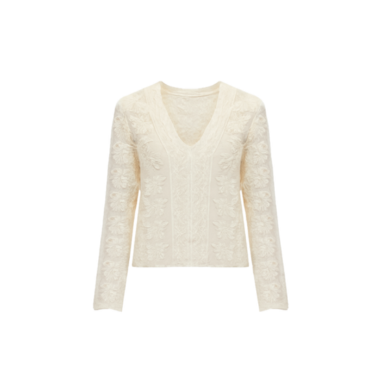 Plus Size White Jacquard V-Neck Knit Top - Elegant Textured Long Sleeve Blouse