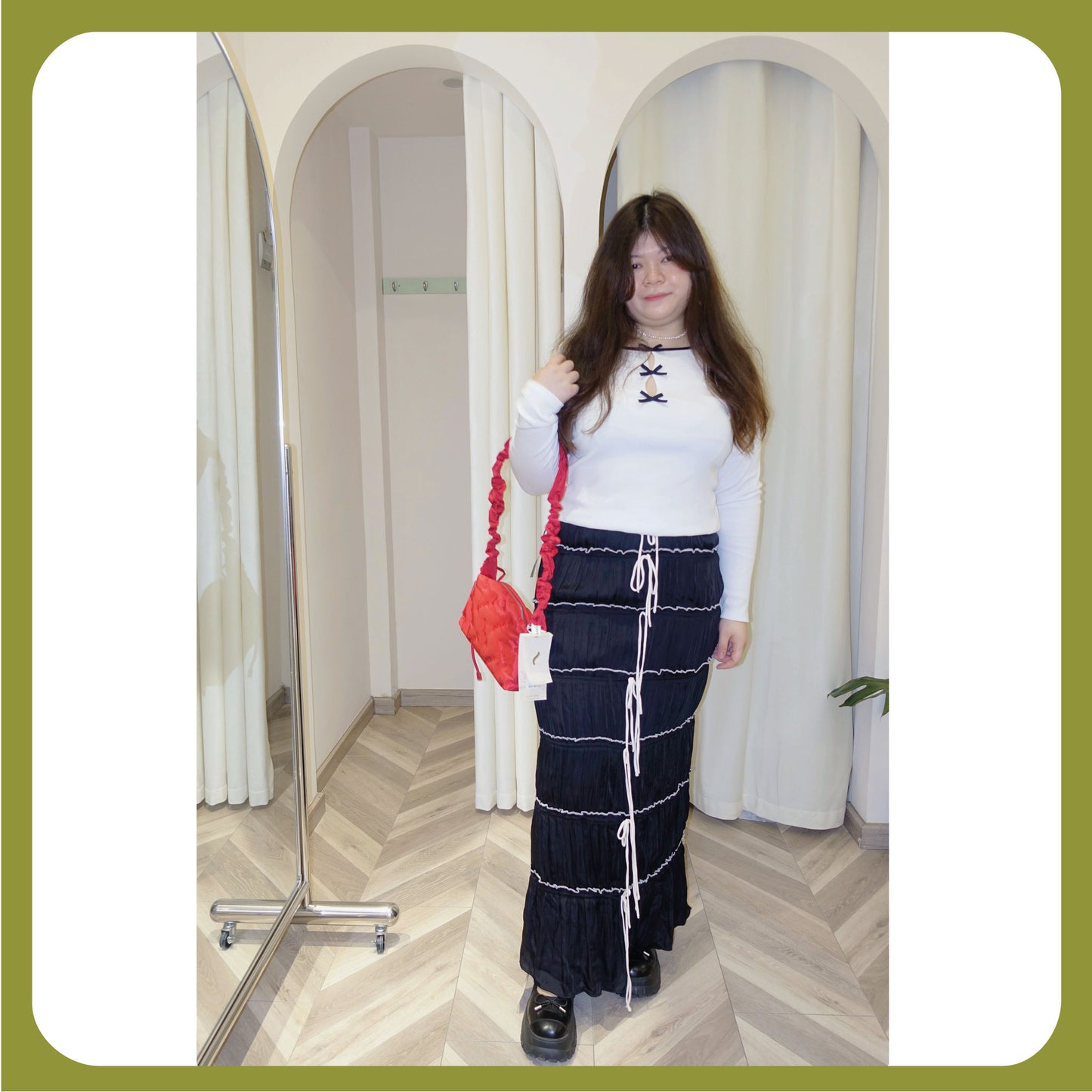 Plus Size Bow-Tiered Maxi Skirt - Textured Crinkle Skirt with Ribbon Details